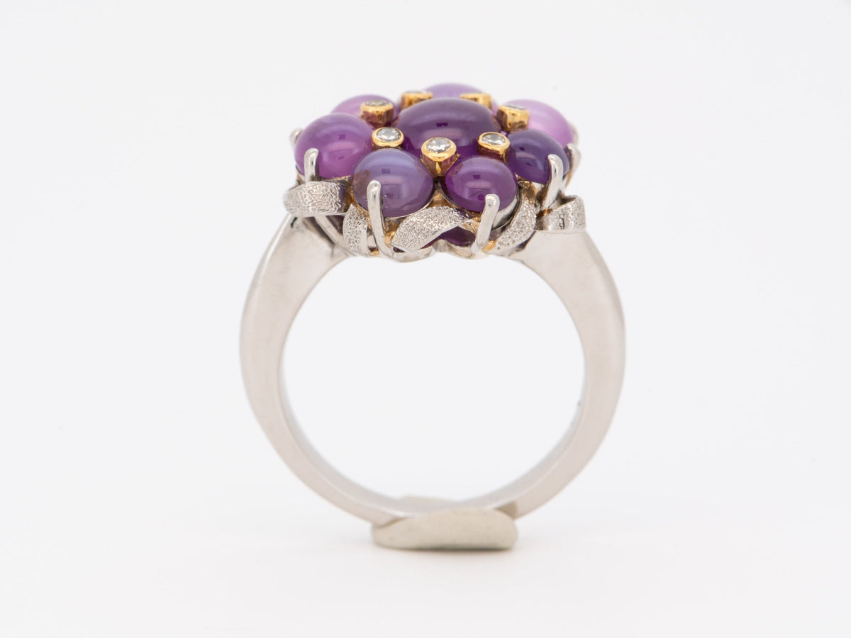Platinum Star Sapphire Cluster Flower Ring Diamond Accent Floral Design Jewelry Gift for Her V1211 Aurora Designer