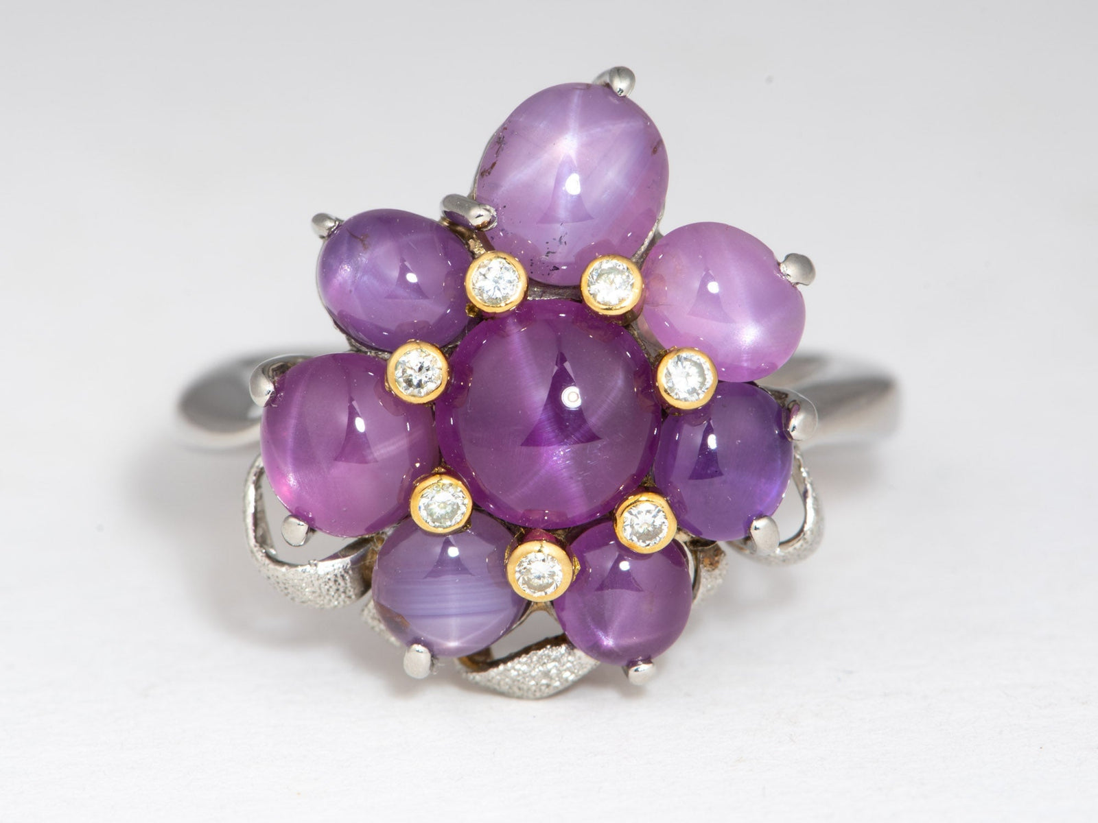 Platinum Star Sapphire Cluster Flower Ring Diamond Accent Floral Design Jewelry Gift for Her V1211 Aurora Designer