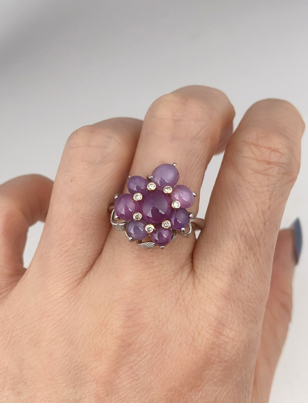 Platinum Star Sapphire Cluster Flower Ring Diamond Accent Floral Design Jewelry Gift for Her V1211 Aurora Designer
