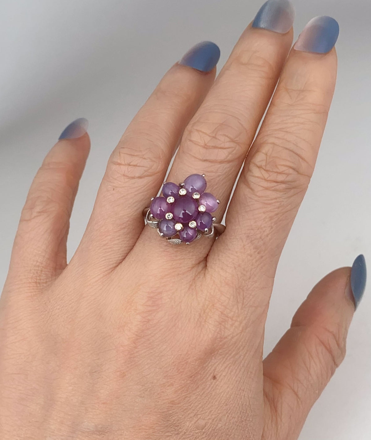 Platinum Star Sapphire Cluster Flower Ring Diamond Accent Floral Design Jewelry Gift for Her V1211 Aurora Designer