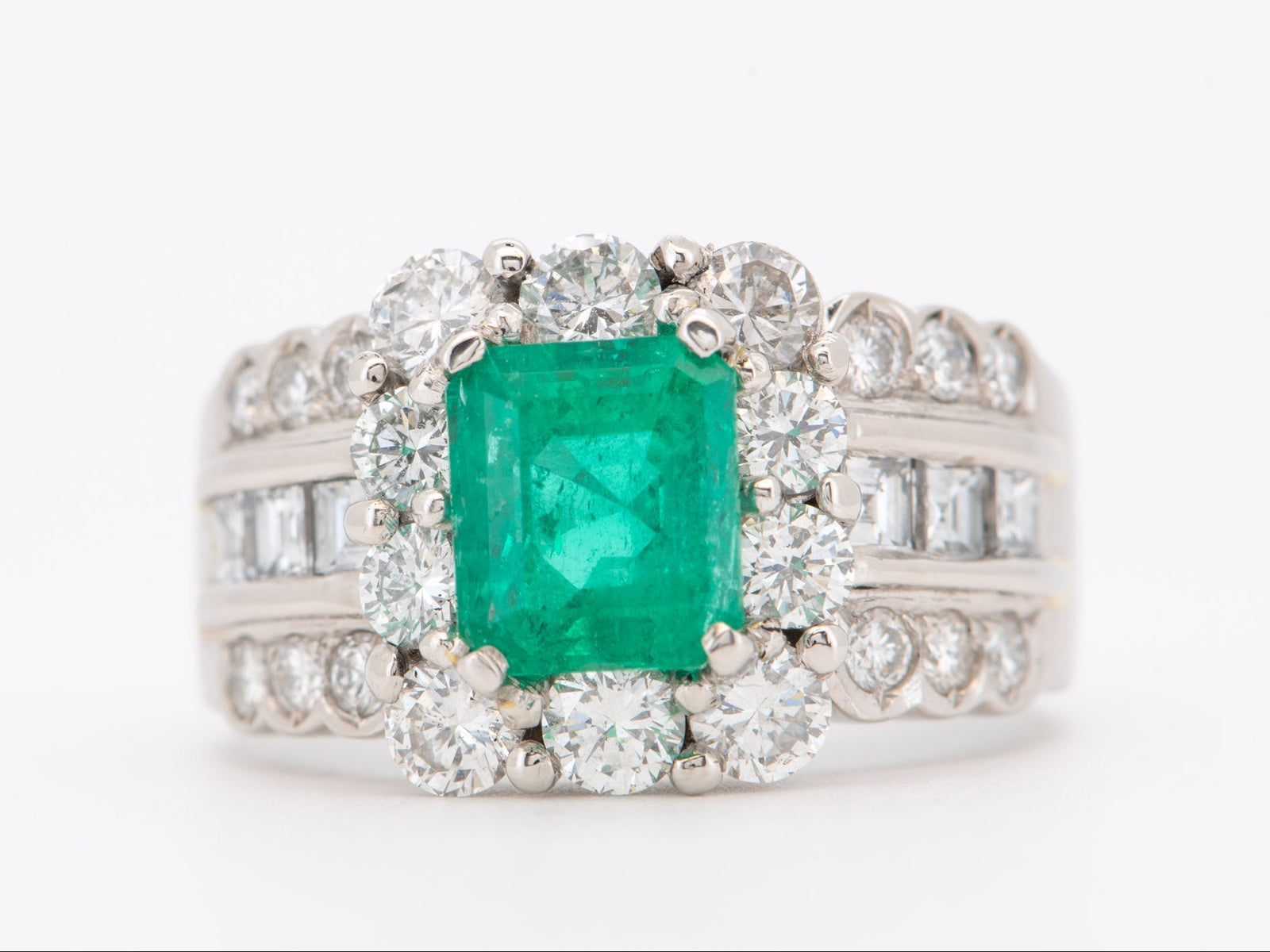 Platinum Columbian Emerald with Diamond Halo Wide Band Ring Vivid Vivid Green with Certificate V1212 Aurora Designer
