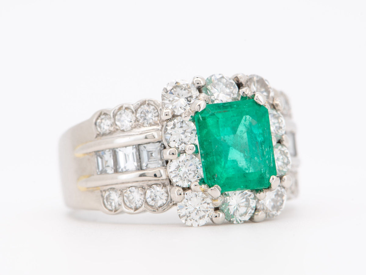 Platinum Columbian Emerald with Diamond Halo Wide Band Ring Vivid Vivid Green with Certificate V1212 Aurora Designer