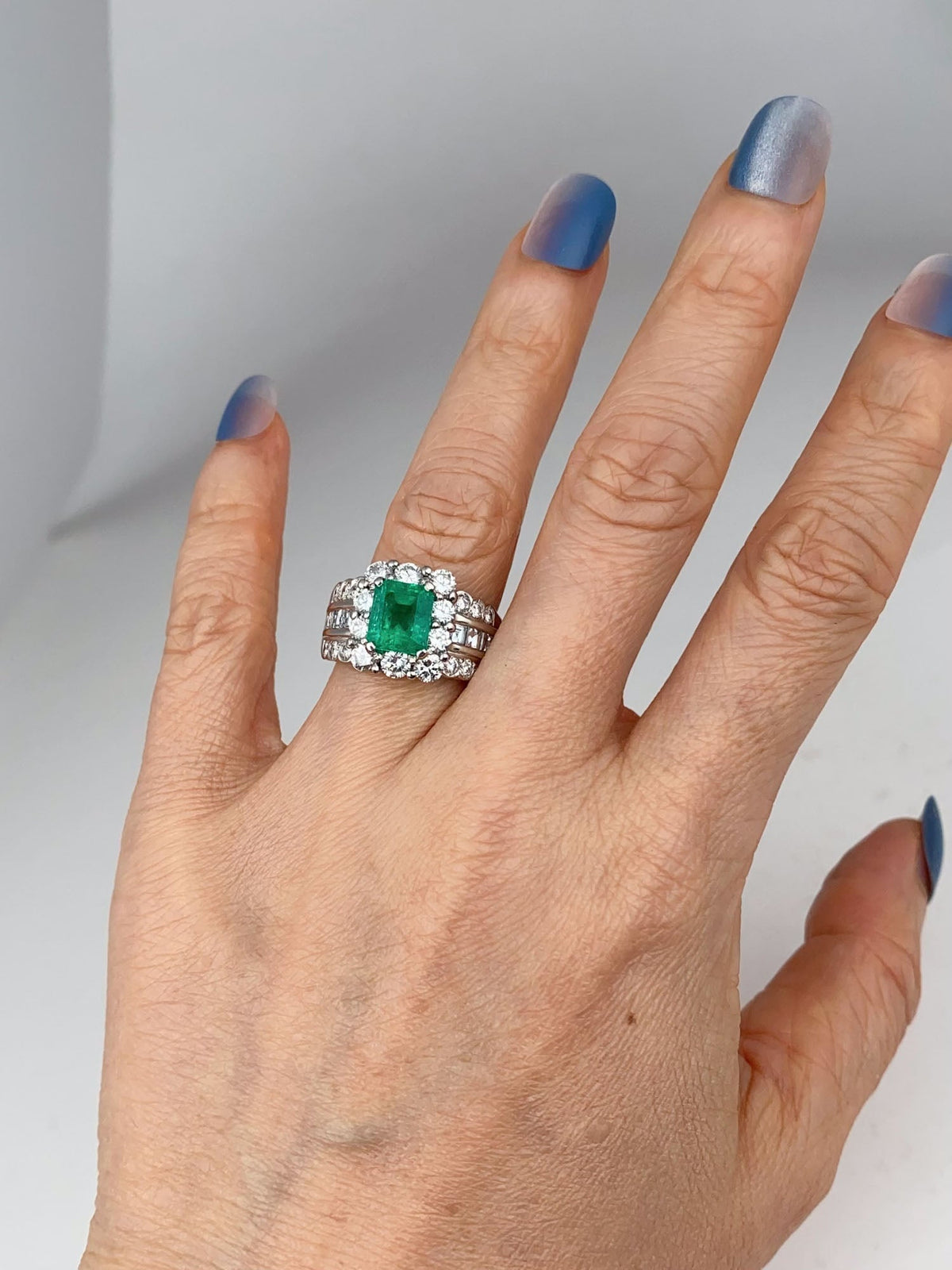Platinum Colombian Emerald with Diamond Halo Wide Band Ring Vivid Green with Certificate V1212 Aurora Designer