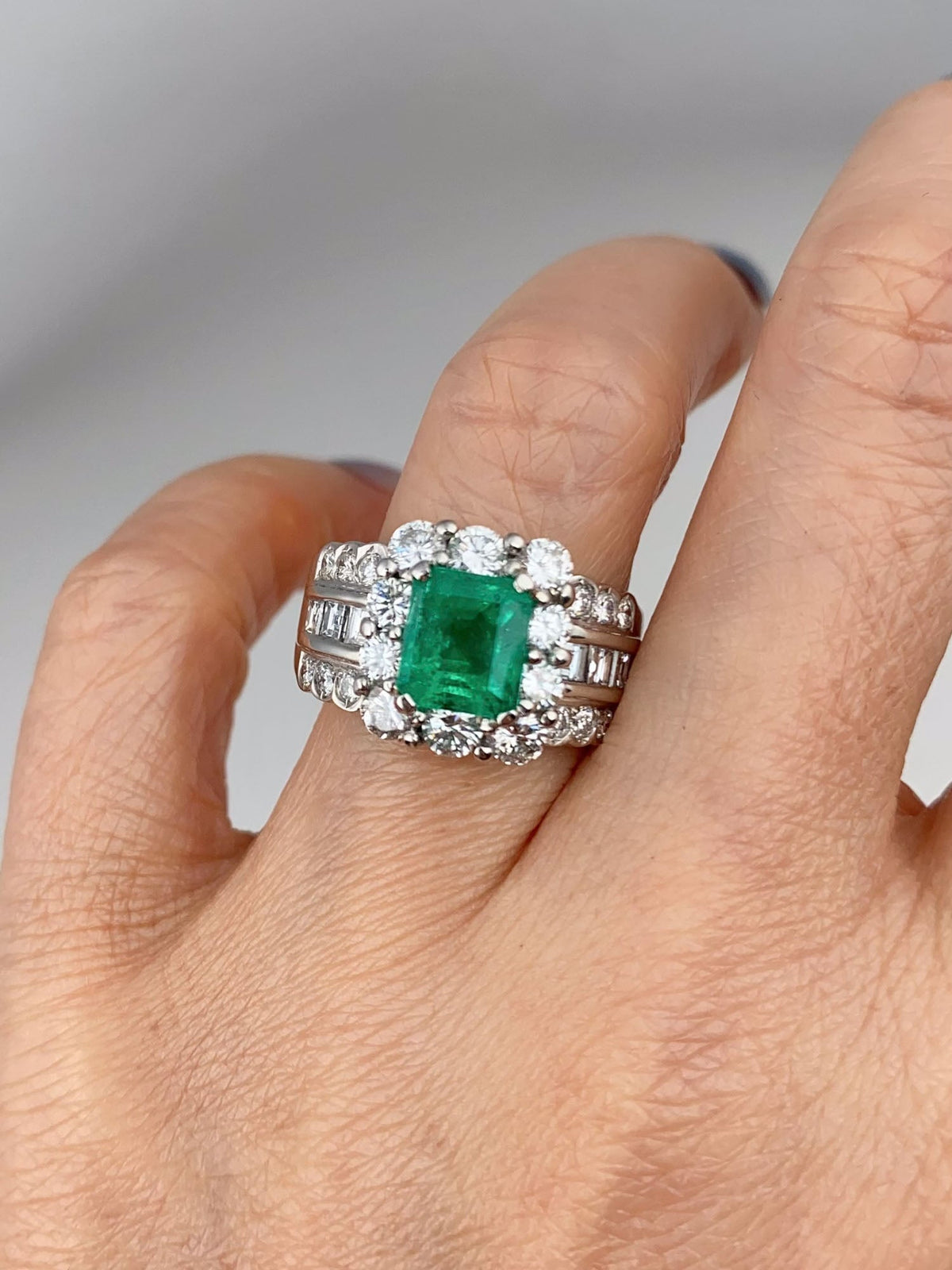 Platinum Colombian Emerald with Diamond Halo Wide Band Ring Vivid Green with Certificate V1212 Aurora Designer
