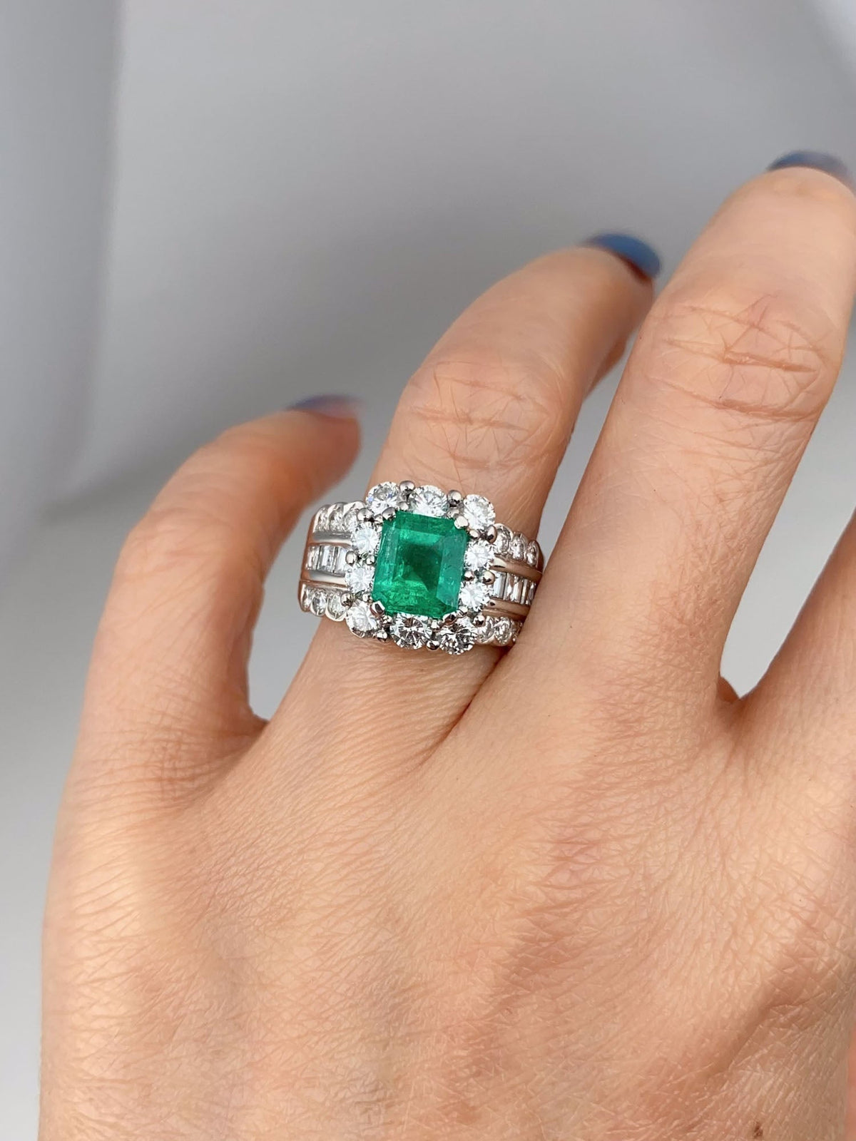 Platinum Colombian Emerald with Diamond Halo Wide Band Ring Vivid Green with Certificate V1212 Aurora Designer