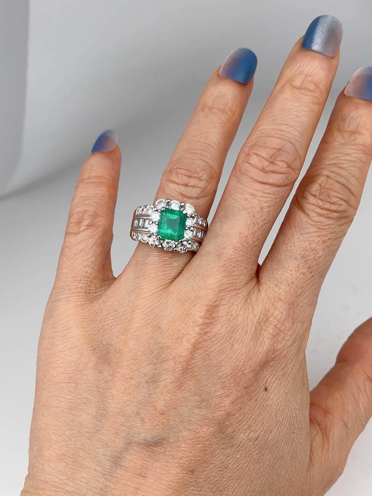 Platinum Colombian Emerald with Diamond Halo Wide Band Ring Vivid Green with Certificate V1212 Aurora Designer