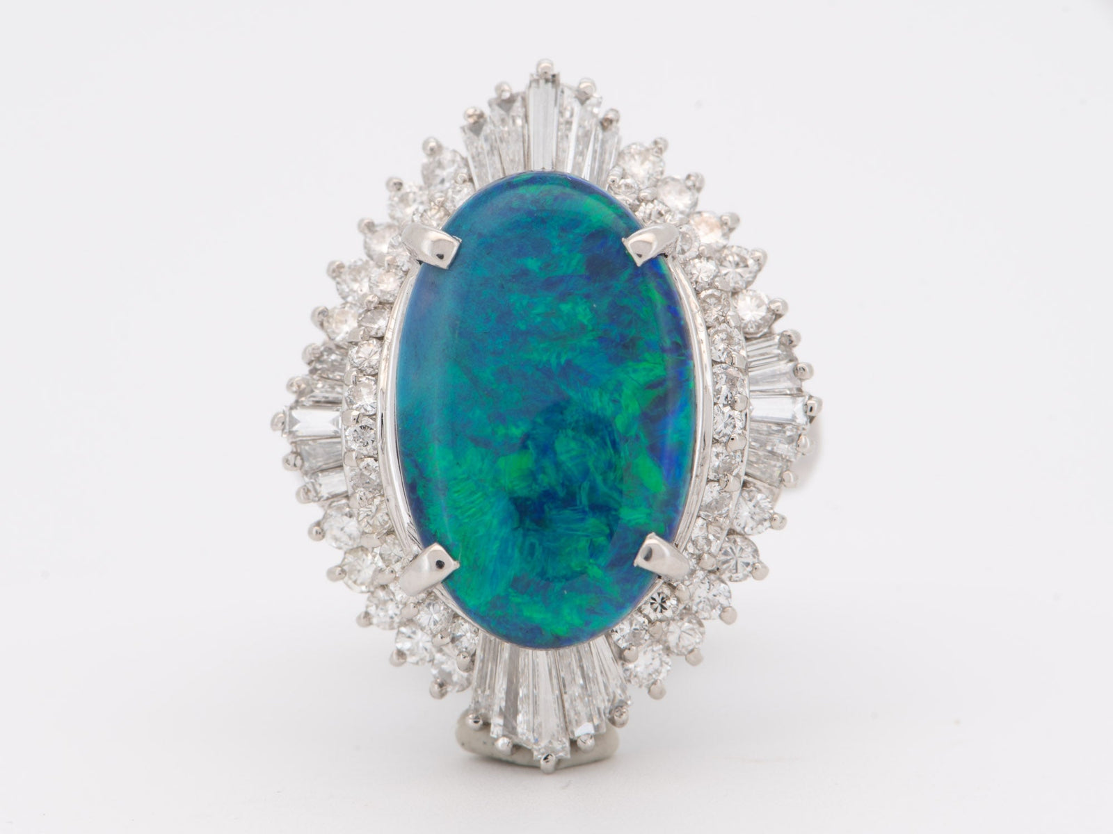 Platinum Australian Black Opal with Diamond Halo Statement Ring Blue Green Bright Flash Big Solid Opal V1213 Aurora Designer