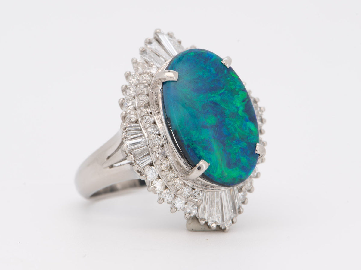 Platinum Australian Black Opal with Diamond Halo Statement Ring Blue Green Bright Flash Big Solid Opal V1213 Aurora Designer