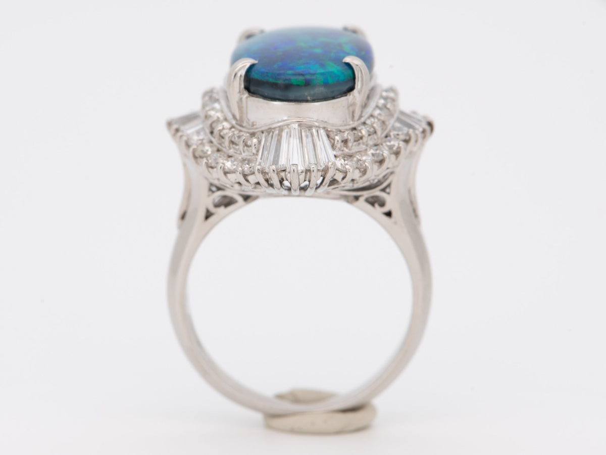 Platinum Australian Black Opal with Diamond Halo Statement Ring Blue Green Bright Flash Big Solid Opal V1213 Aurora Designer