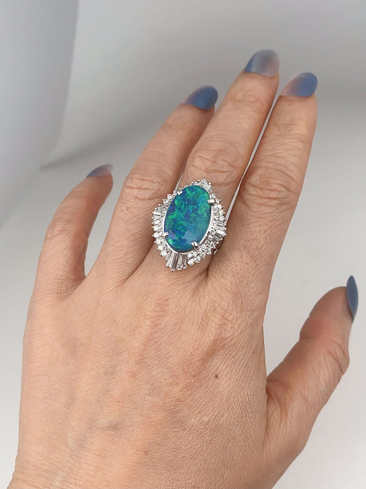 Platinum Australian Black Opal with Diamond Halo Statement Ring Blue Green Bright Flash Big Solid Opal V1213 Aurora Designer