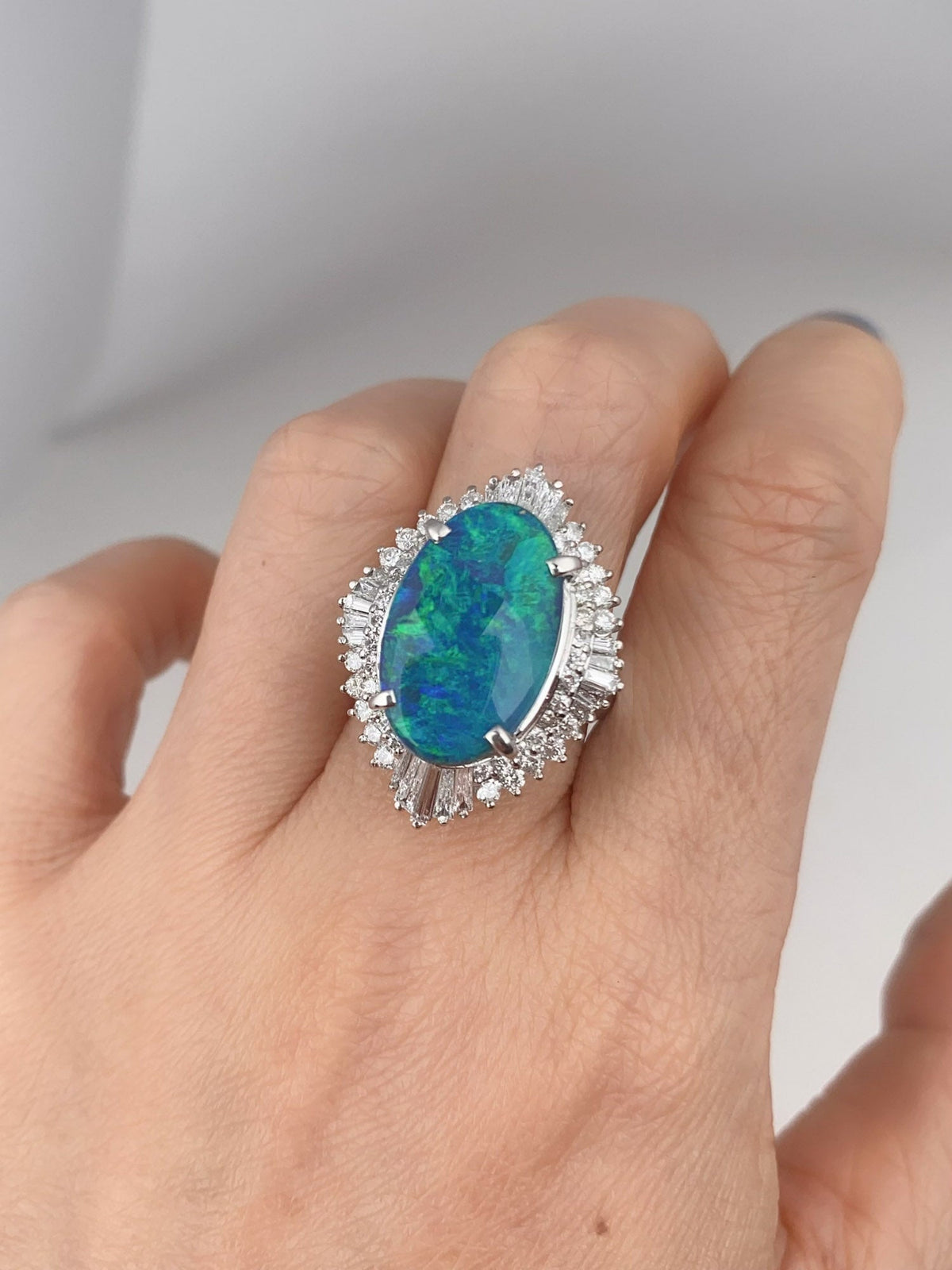 Platinum Australian Black Opal with Diamond Halo Statement Ring Blue Green Bright Flash Big Solid Opal V1213 Aurora Designer