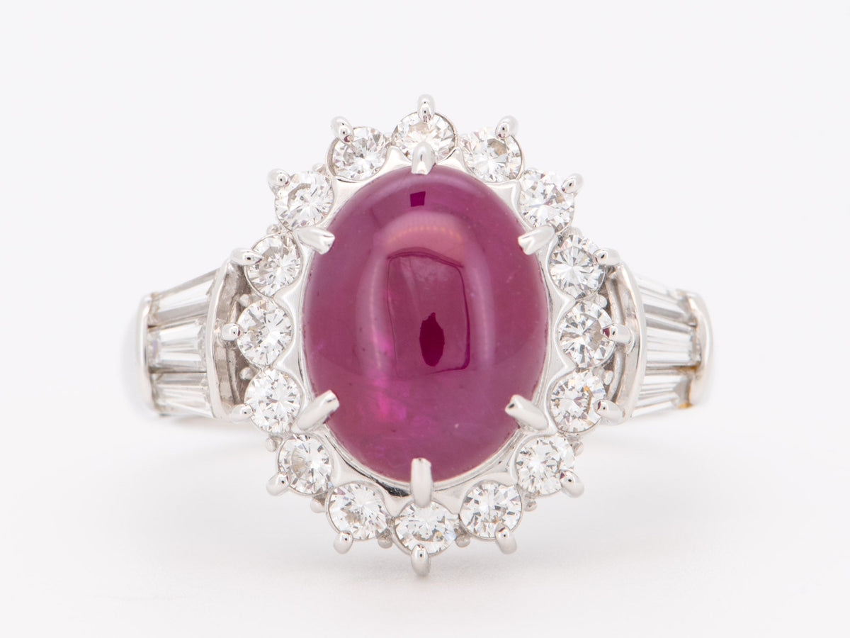 Platinum Ruby Cabochon with Diamond Halo Engagement Ring Pigeon Blood Red Baguette Sides V1214 Aurora Designer