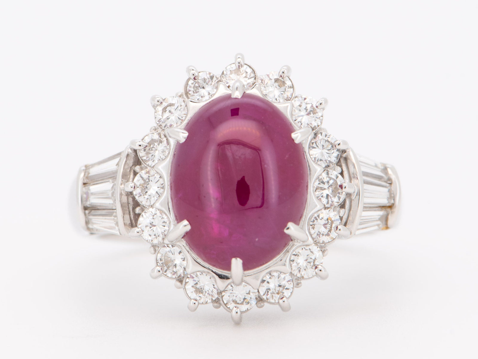 Platinum Ruby Cabochon with Diamond Halo Engagement Ring Pigeon Blood Red Baguette Sides V1214 Aurora Designer