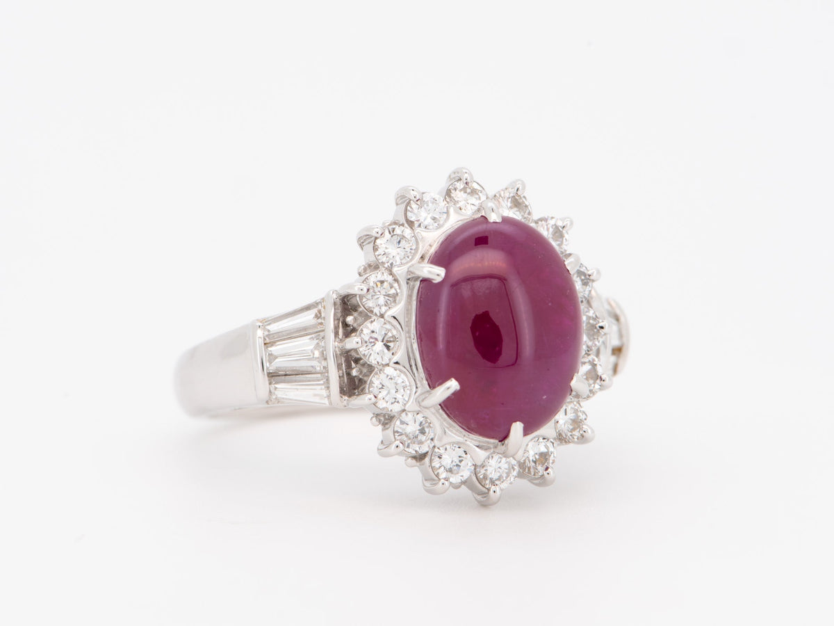 Platinum Ruby Cabochon with Diamond Halo Engagement Ring Pigeon Blood Red Baguette Sides V1214 Aurora Designer