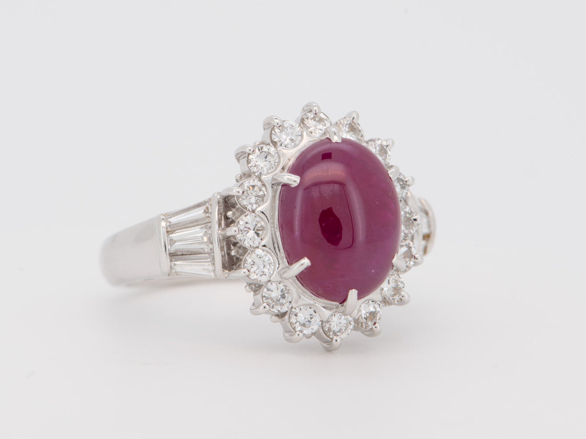 Platinum Ruby Cabochon with Diamond Halo Engagement Ring Pigeon Blood Red Baguette Sides V1214 Aurora Designer