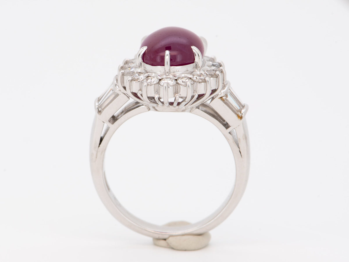 Platinum Ruby Cabochon with Diamond Halo Engagement Ring Pigeon Blood Red Baguette Sides V1214 Aurora Designer