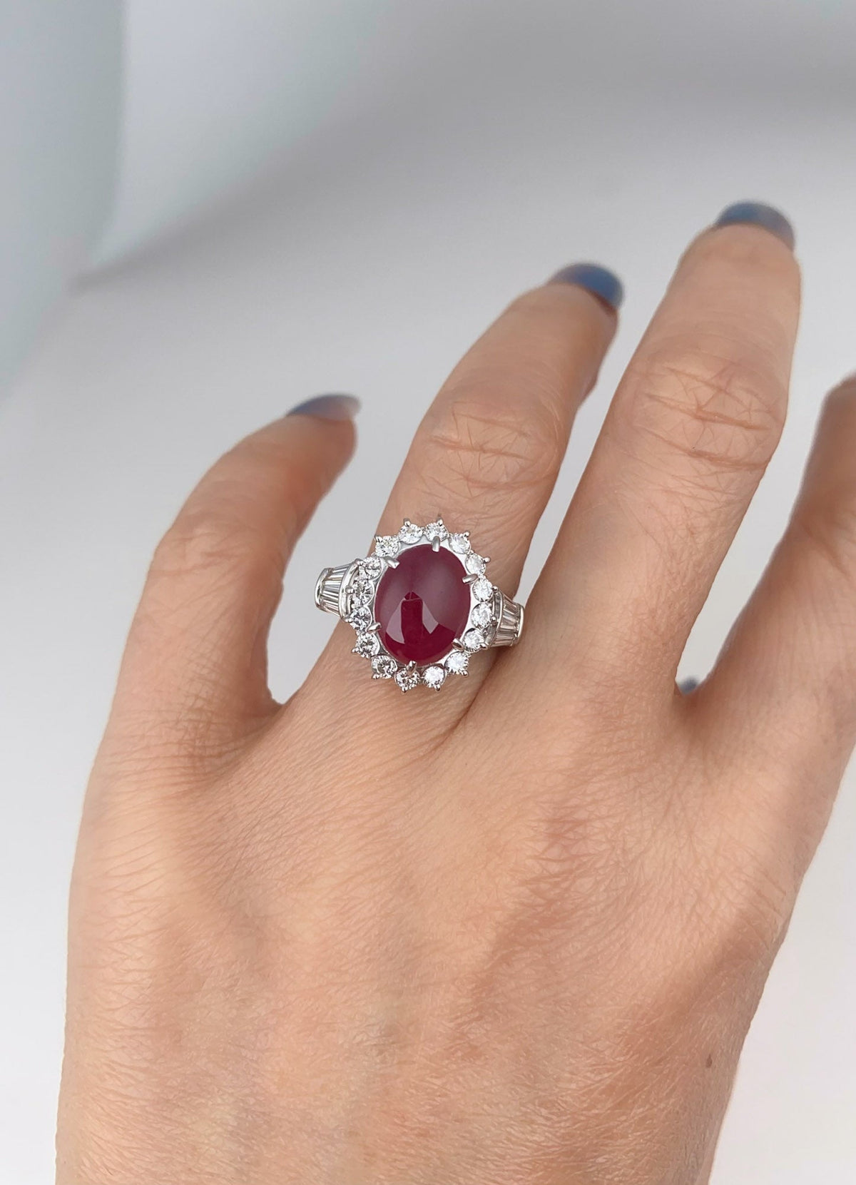 Platinum Ruby Cabochon with Diamond Halo Engagement Ring Pigeon Blood Red Baguette Sides V1214 Aurora Designer