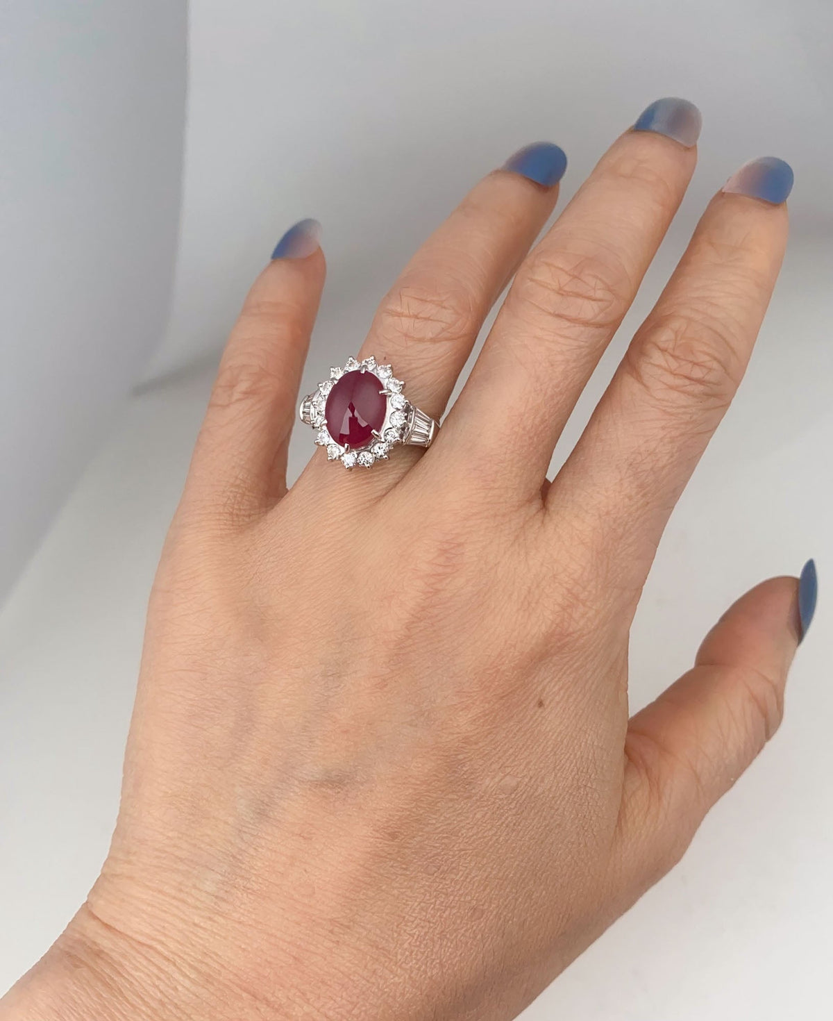 Platinum Ruby Cabochon with Diamond Halo Engagement Ring Pigeon Blood Red Baguette Sides V1214 Aurora Designer