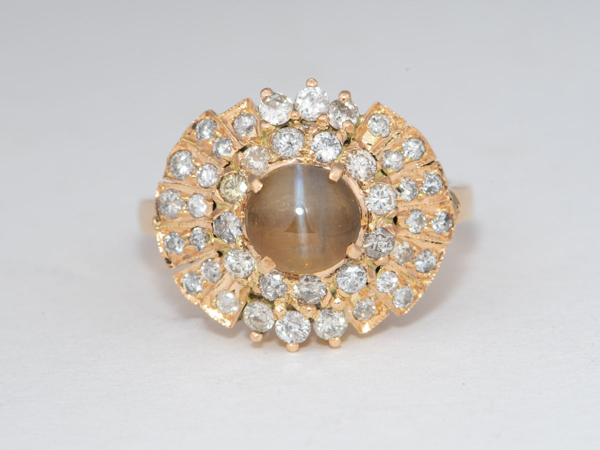 14K Gold Cat's Eye Chrysoberyl with Diamond Halo Engagement Ring V1215 Aurora Designer