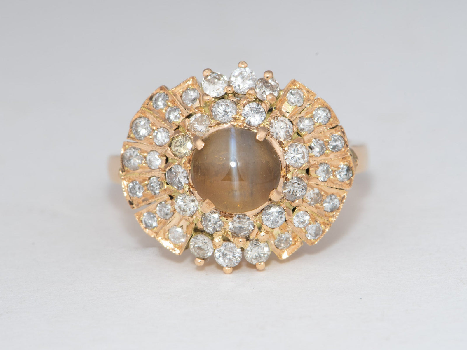 14K Gold Cat's Eye Chrysoberyl with Diamond Halo Engagement Ring V1215 Aurora Designer