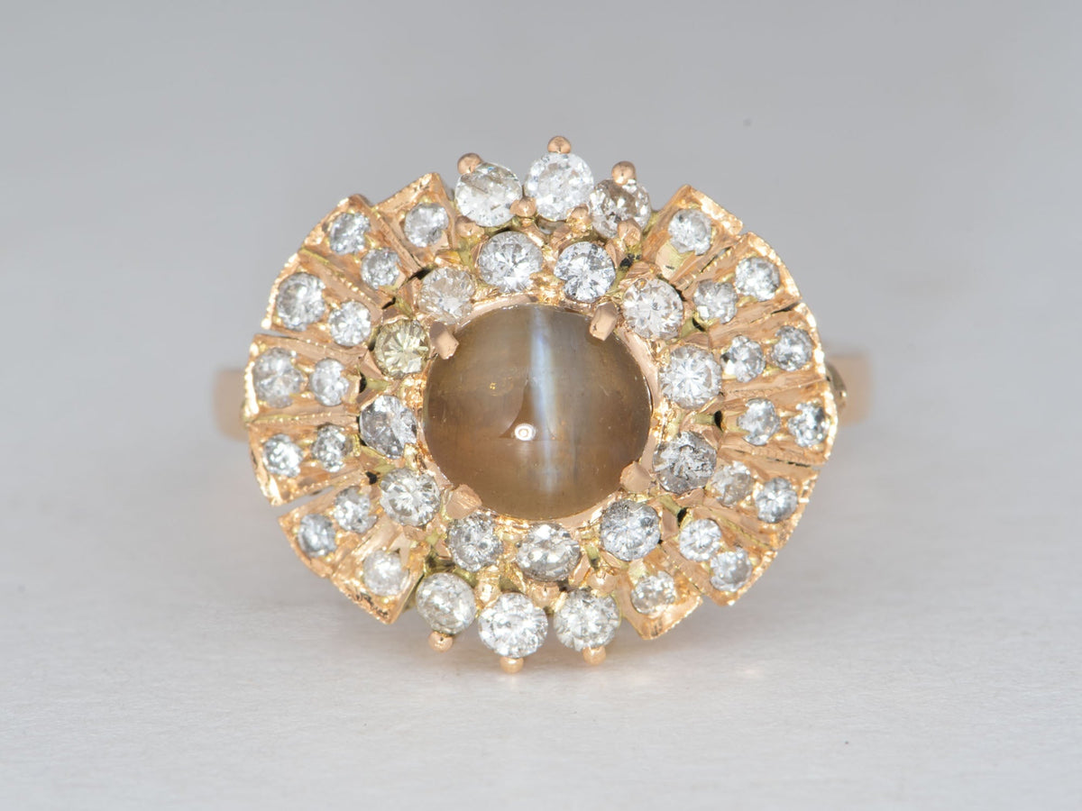 14K Gold Cat's Eye Chrysoberyl with Diamond Halo Engagement Ring V1215 Aurora Designer
