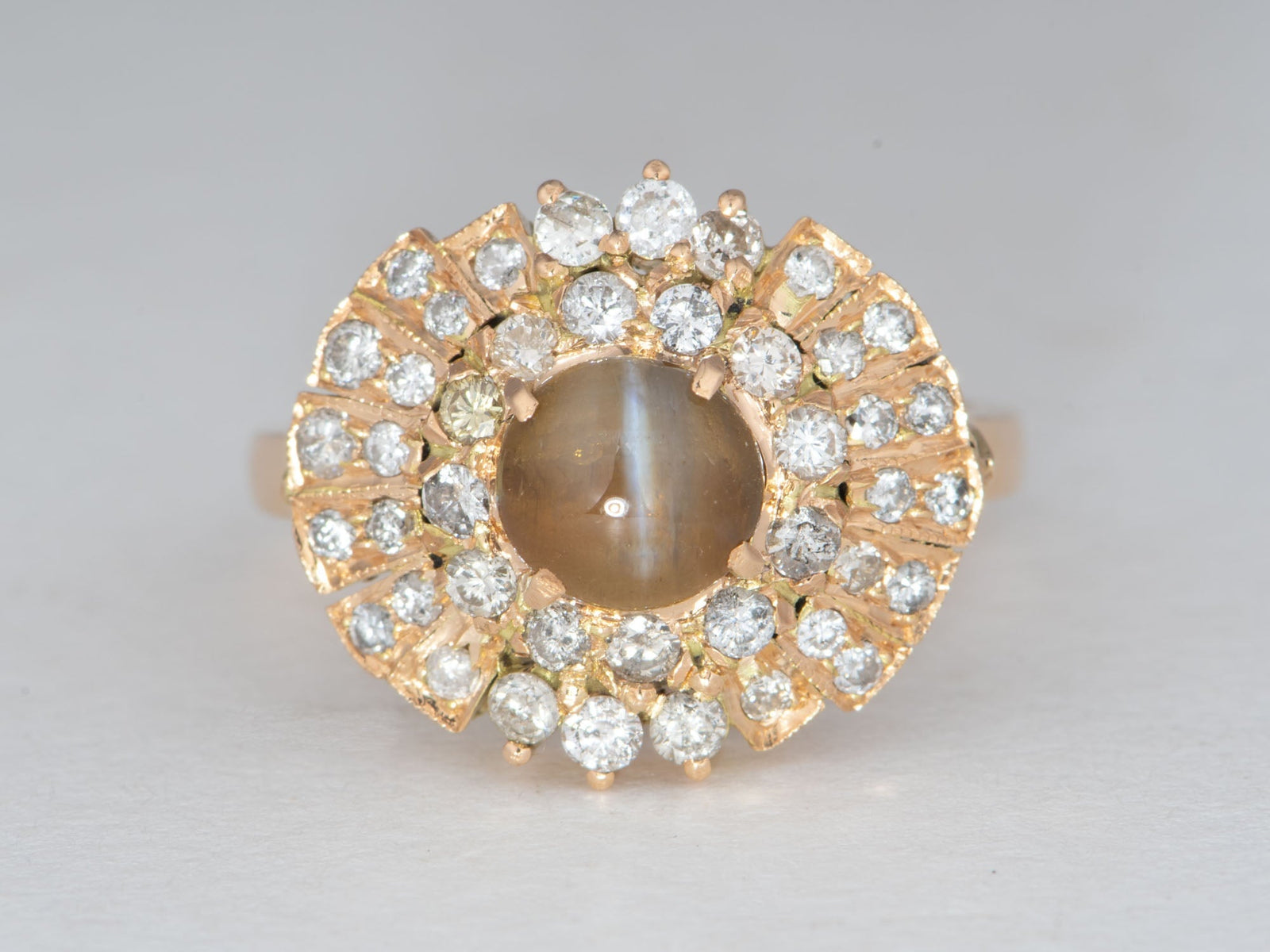 14K Gold Cat's Eye Chrysoberyl with Diamond Halo Engagement Ring V1215 Aurora Designer
