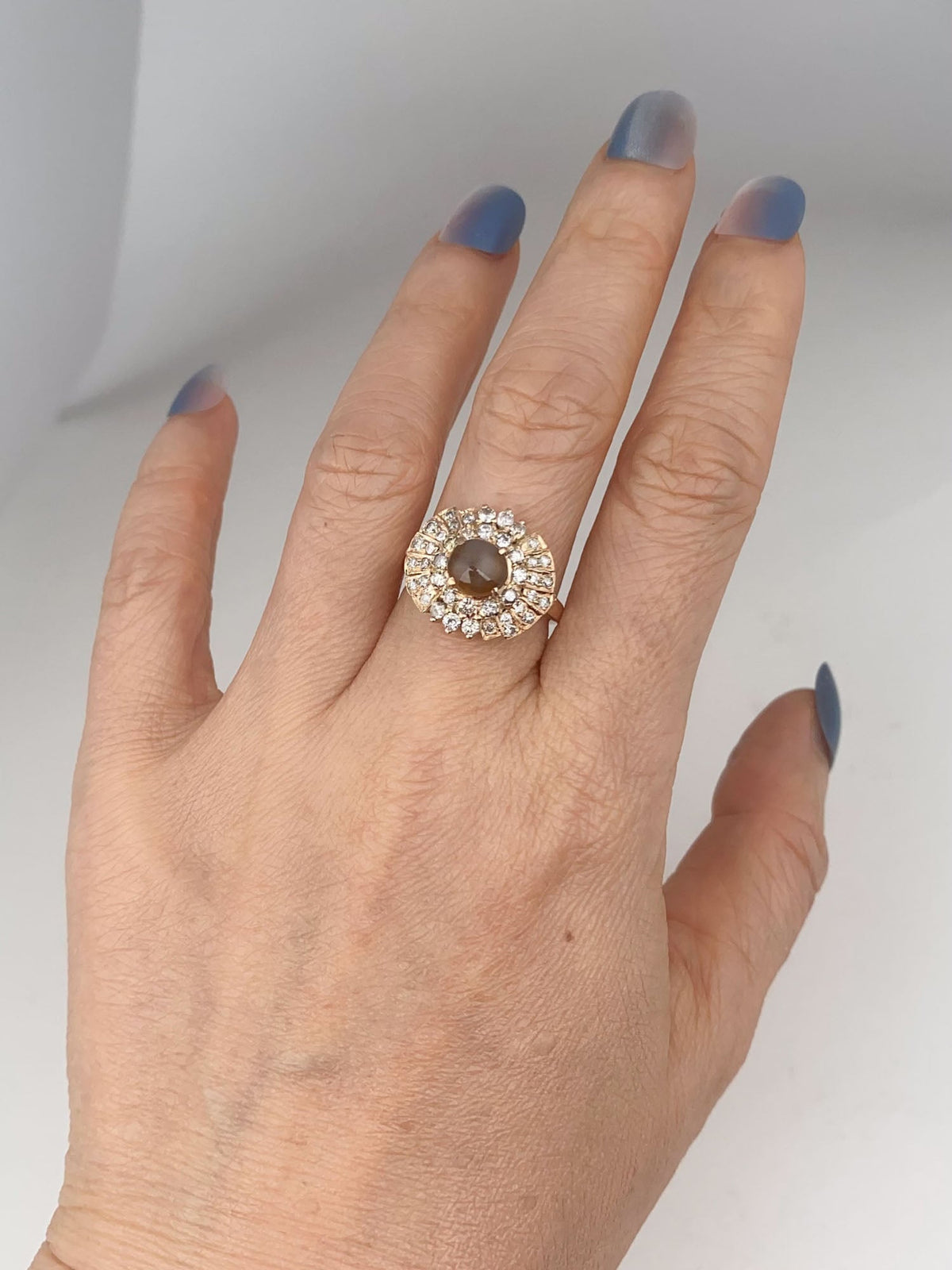 14K Gold Cat's Eye Chrysoberyl with Diamond Halo Engagement Ring V1215 Aurora Designer