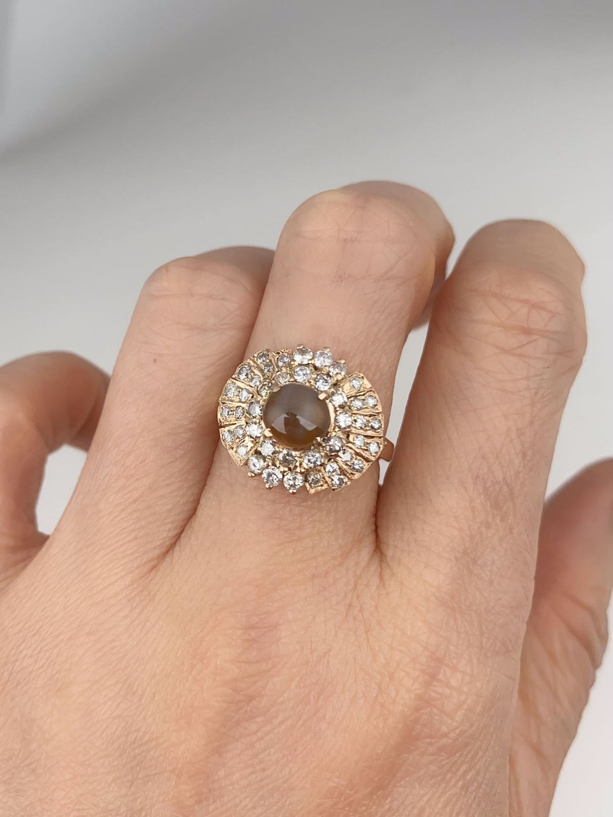 14K Gold Cat's Eye Chrysoberyl with Diamond Halo Engagement Ring V1215 Aurora Designer
