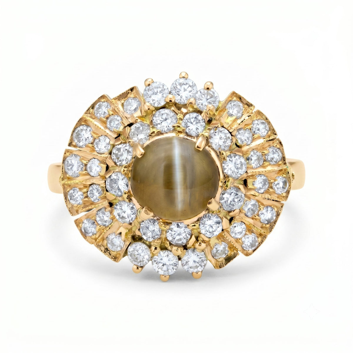 14K Gold Cat's Eye Chrysoberyl with Diamond Halo Engagement Ring V1215 Aurora Designer
