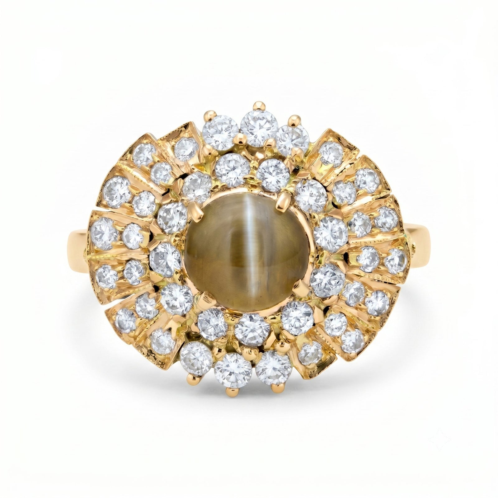 14K Gold Cat's Eye Chrysoberyl with Diamond Halo Engagement Ring V1215 Aurora Designer