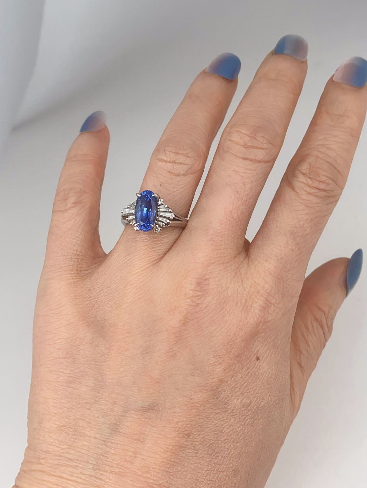 Platinum 3.17ct Sapphire and Diamond Halo Engagement Ring Elongated Oval Deep Cornflower Blue Earth-Mined Gemstone V1217 Aurora Designer
