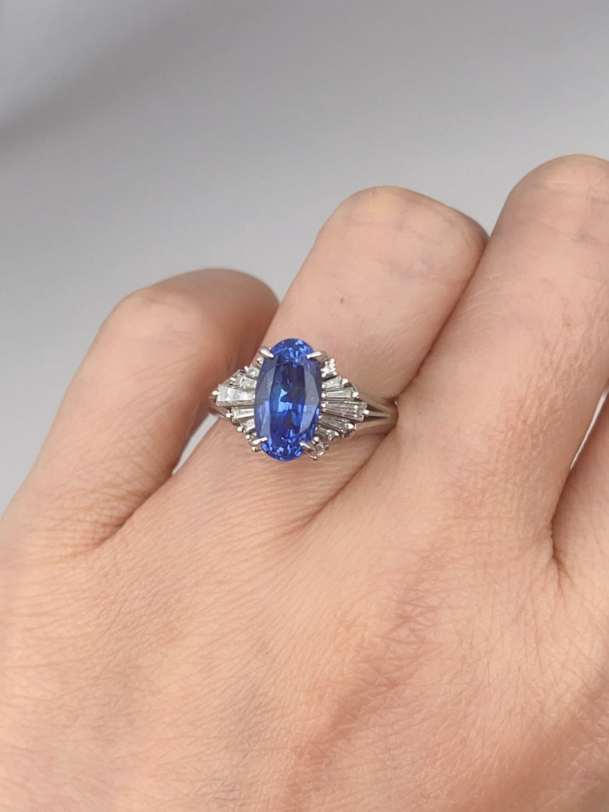 Platinum 3.17ct Sapphire and Diamond Halo Engagement Ring Elongated Oval Deep Cornflower Blue Earth-Mined Gemstone V1217 Aurora Designer