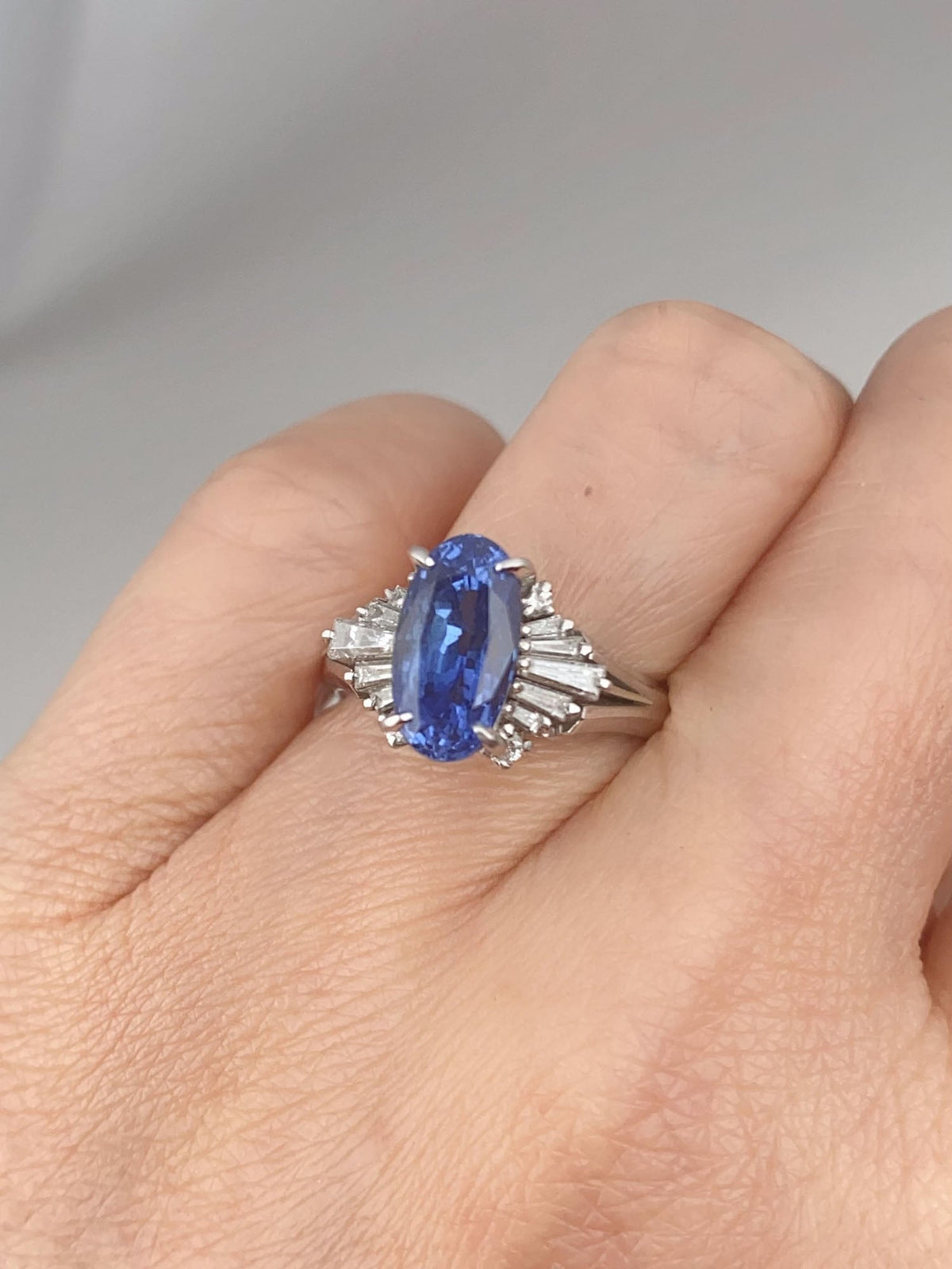Platinum 3.17ct Sapphire and Diamond Halo Engagement Ring Elongated Oval Deep Cornflower Blue Earth-Mined Gemstone V1217 Aurora Designer