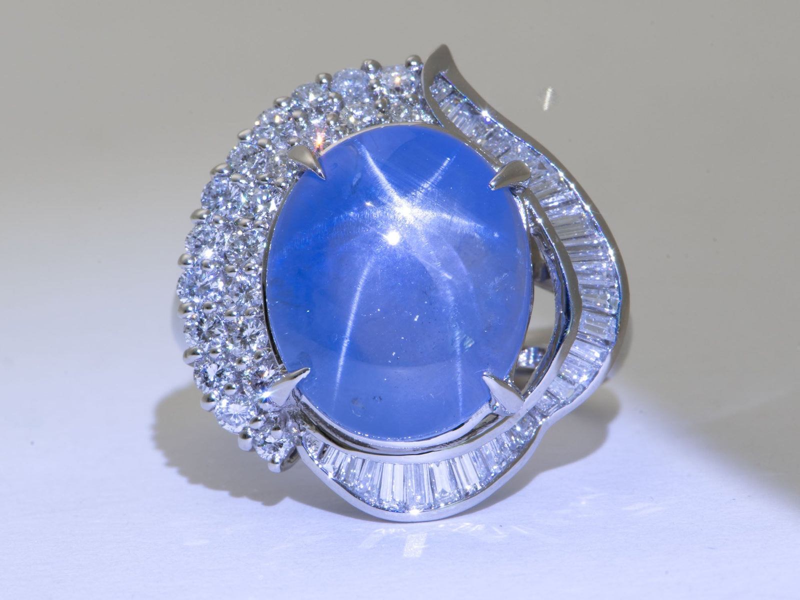 Platinum Star Sapphire with Diamond Halo Statement Ring Big Light Blue Gemstone 6-Rayed Star Asterism V1218 Aurora Designer