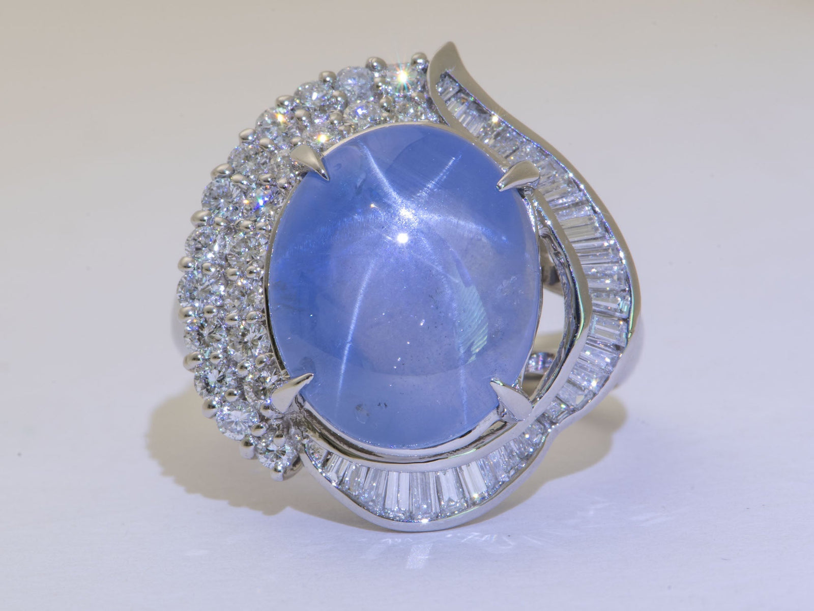 Platinum Star Sapphire with Diamond Halo Statement Ring Big Light Blue Gemstone 6-Rayed Star Asterism V1218 Aurora Designer