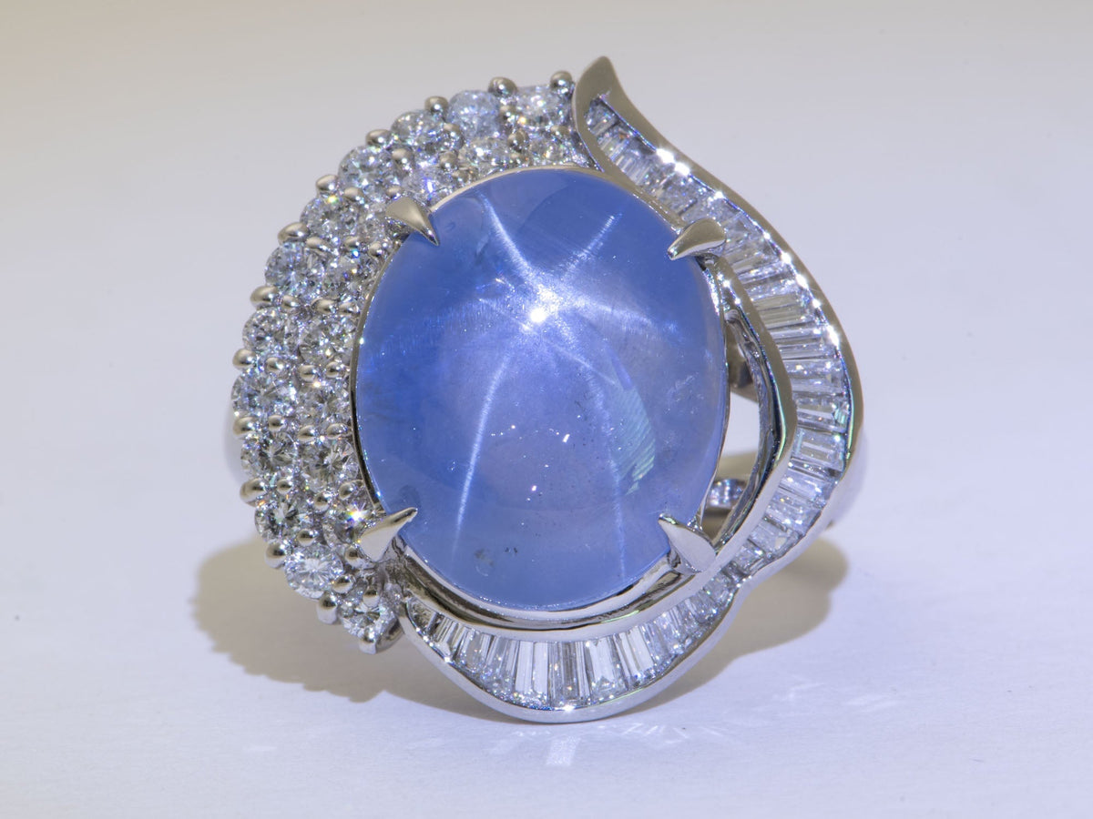 Platinum Star Sapphire with Diamond Halo Statement Ring Big Light Blue Gemstone 6-Rayed Star Asterism V1218 Aurora Designer