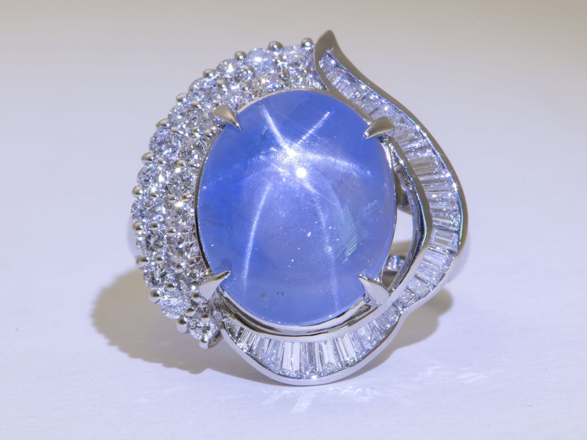 Platinum Star Sapphire with Diamond Halo Statement Ring Big Light Blue Gemstone 6-Rayed Star Asterism V1218 Aurora Designer
