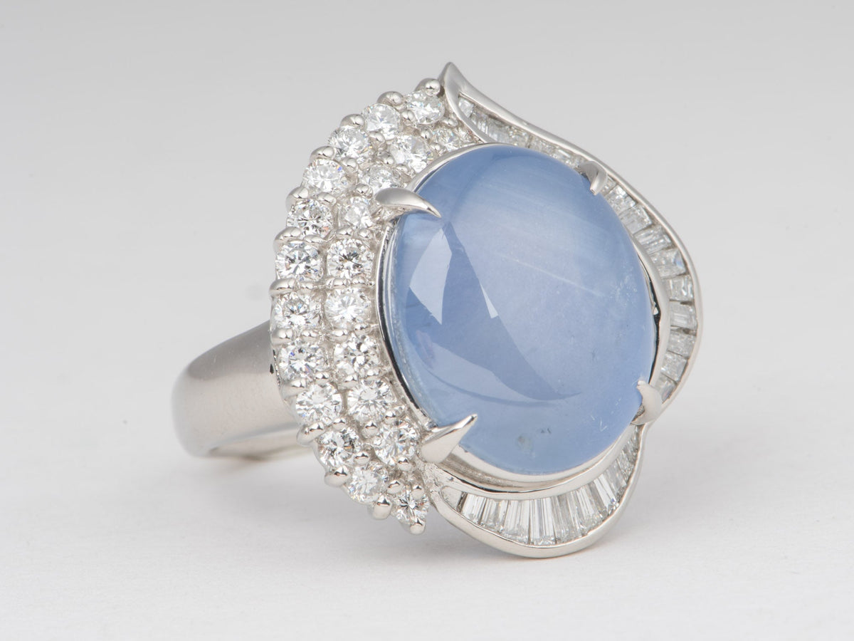 Platinum Star Sapphire with Diamond Halo Statement Ring Big Light Blue Gemstone 6-Rayed Star Asterism V1218 Aurora Designer
