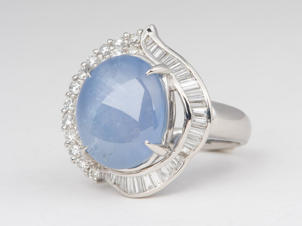 Platinum Star Sapphire with Diamond Halo Statement Ring Big Light Blue Gemstone 6-Rayed Star Asterism V1218 Aurora Designer