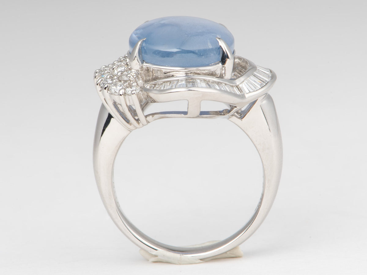 Platinum Star Sapphire with Diamond Halo Statement Ring Big Light Blue Gemstone 6-Rayed Star Asterism V1218 Aurora Designer