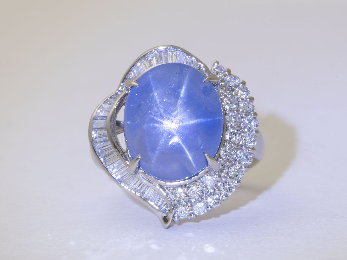 Platinum Star Sapphire with Diamond Halo Statement Ring Big Light Blue Gemstone 6-Rayed Star Asterism V1218 Aurora Designer