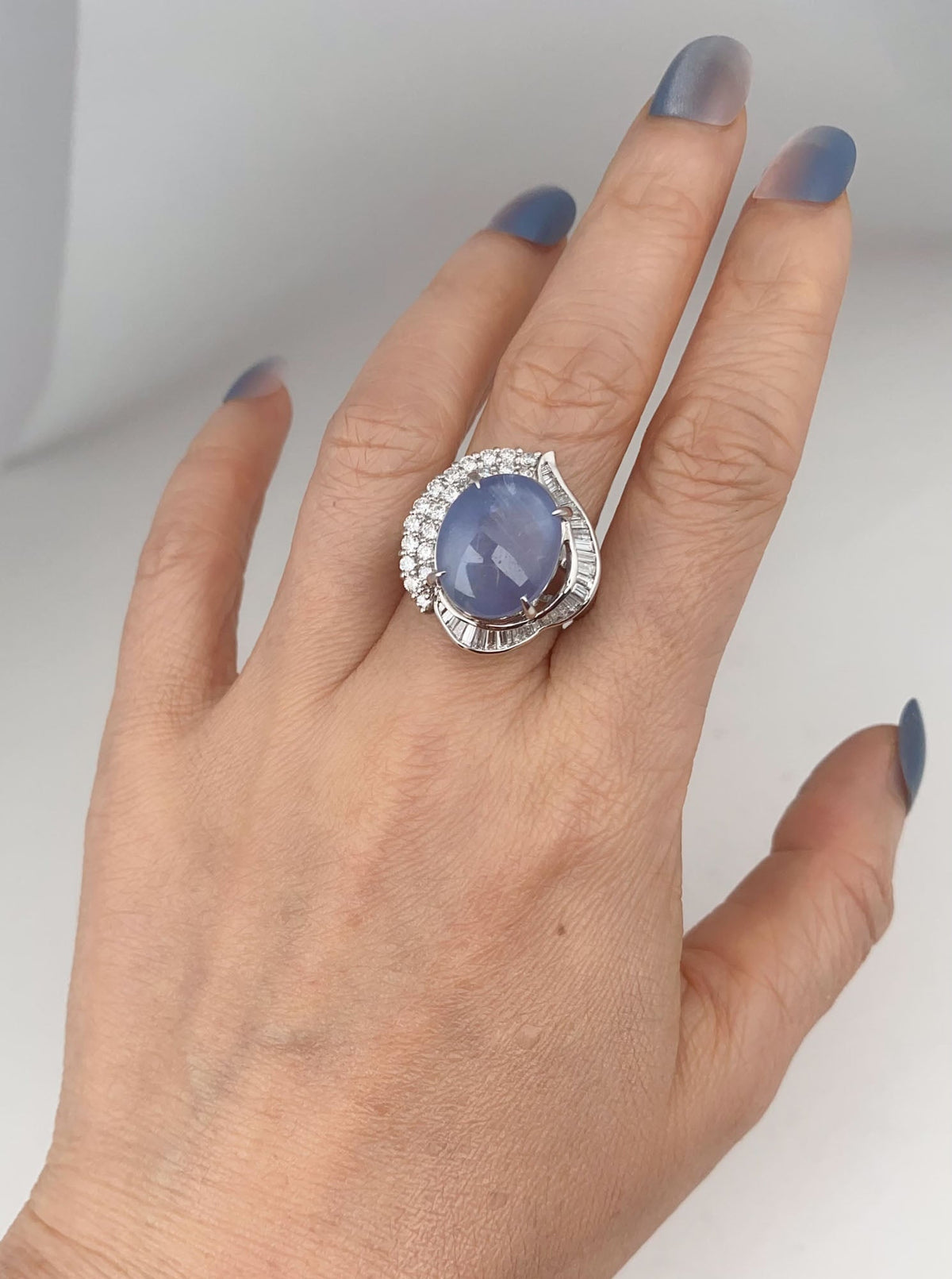 Platinum Star Sapphire with Diamond Halo Statement Ring Big Light Blue Gemstone 6-Rayed Star Asterism V1218 Aurora Designer