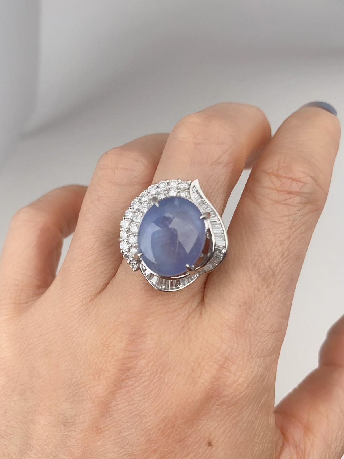 Platinum Star Sapphire with Diamond Halo Statement Ring Big Light Blue Gemstone 6-Rayed Star Asterism V1218 Aurora Designer