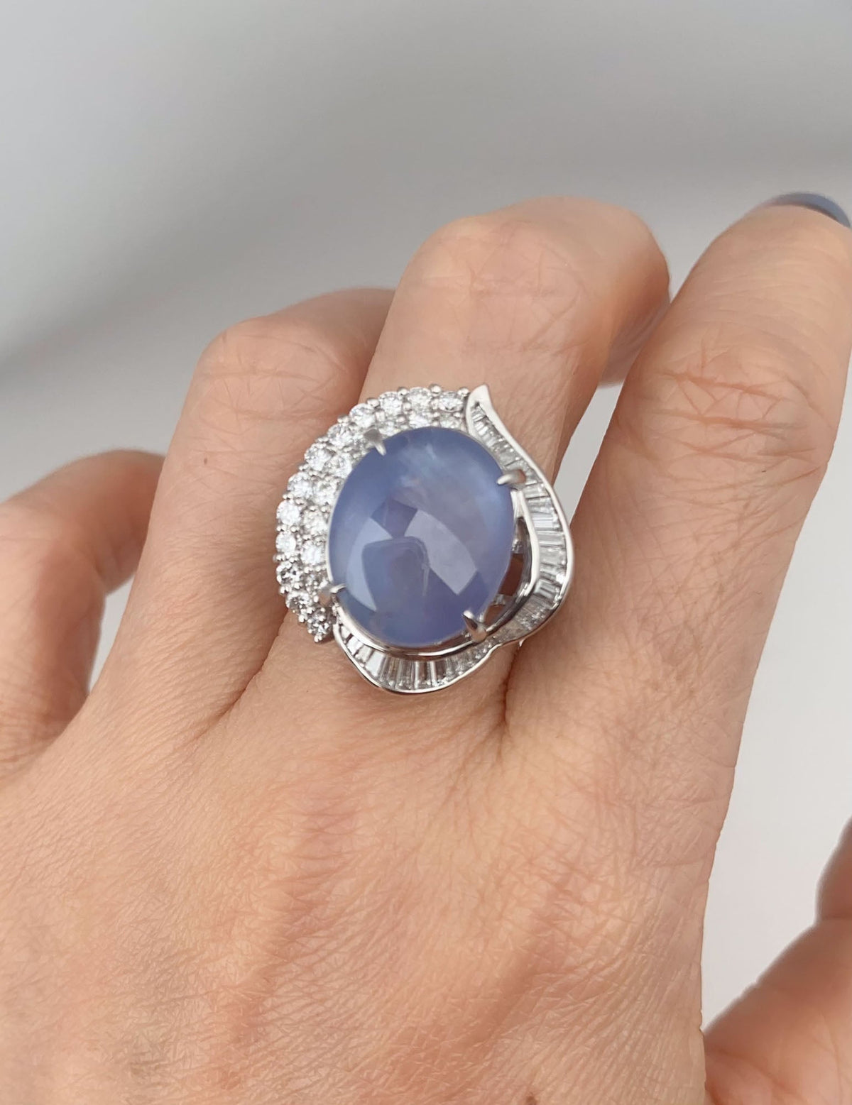 Platinum Star Sapphire with Diamond Halo Statement Ring Big Light Blue Gemstone 6-Rayed Star Asterism V1218 Aurora Designer