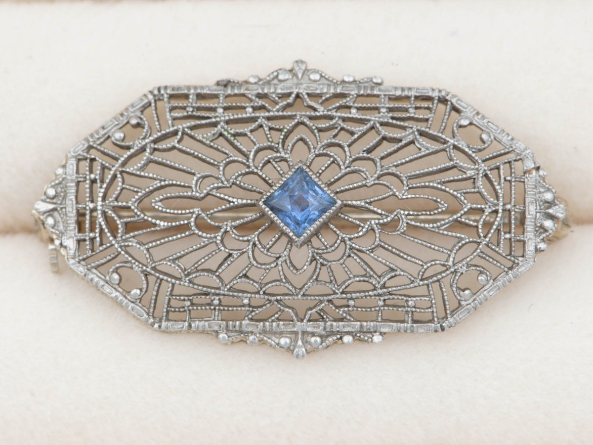 14K White Gold Vintage Art Deco Sapphire Pin Brooch Antique Filigree V1220