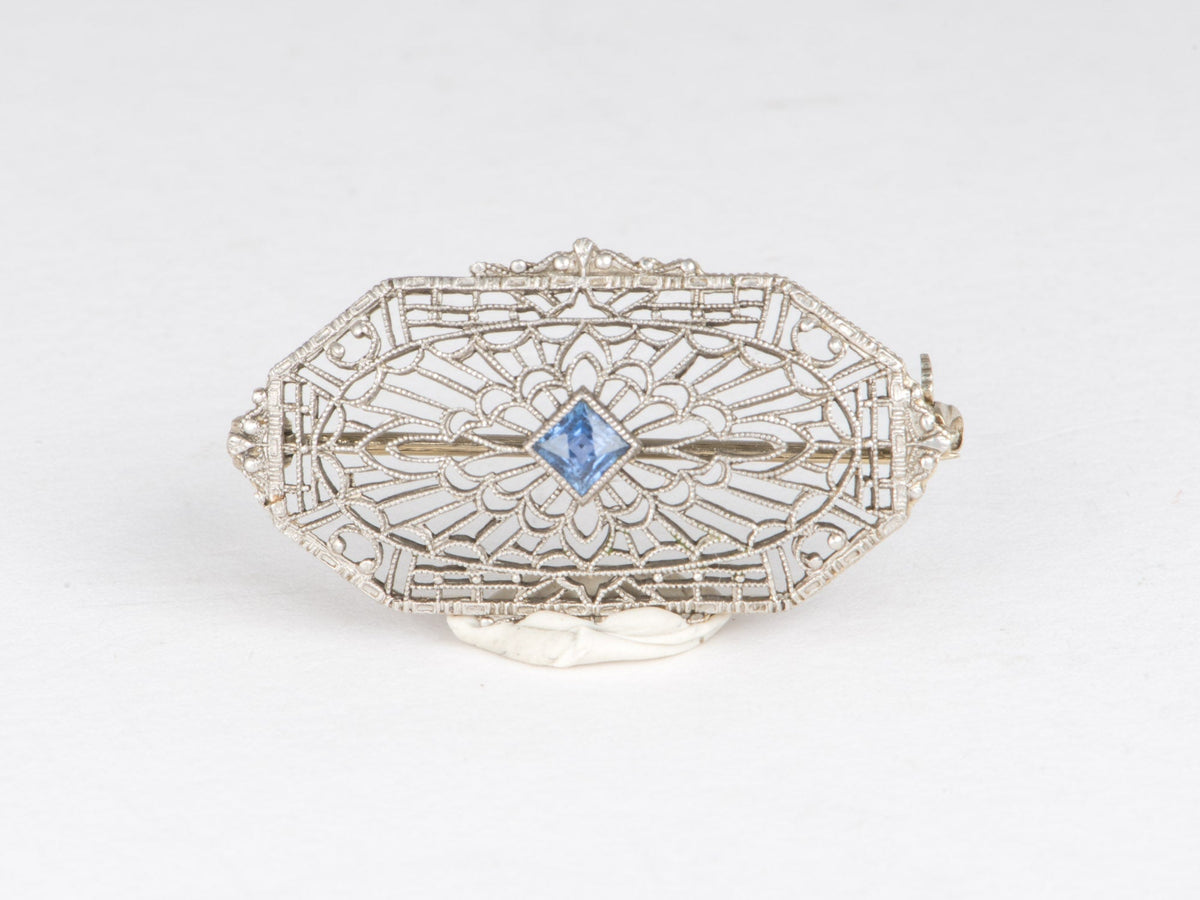 14K White Gold Vintage Art Deco Sapphire Pin Brooch Antique Filigree V1220