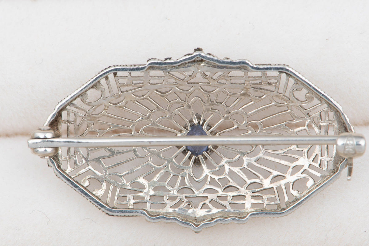 14K White Gold Vintage Art Deco Sapphire Pin Brooch Antique Filigree V1220