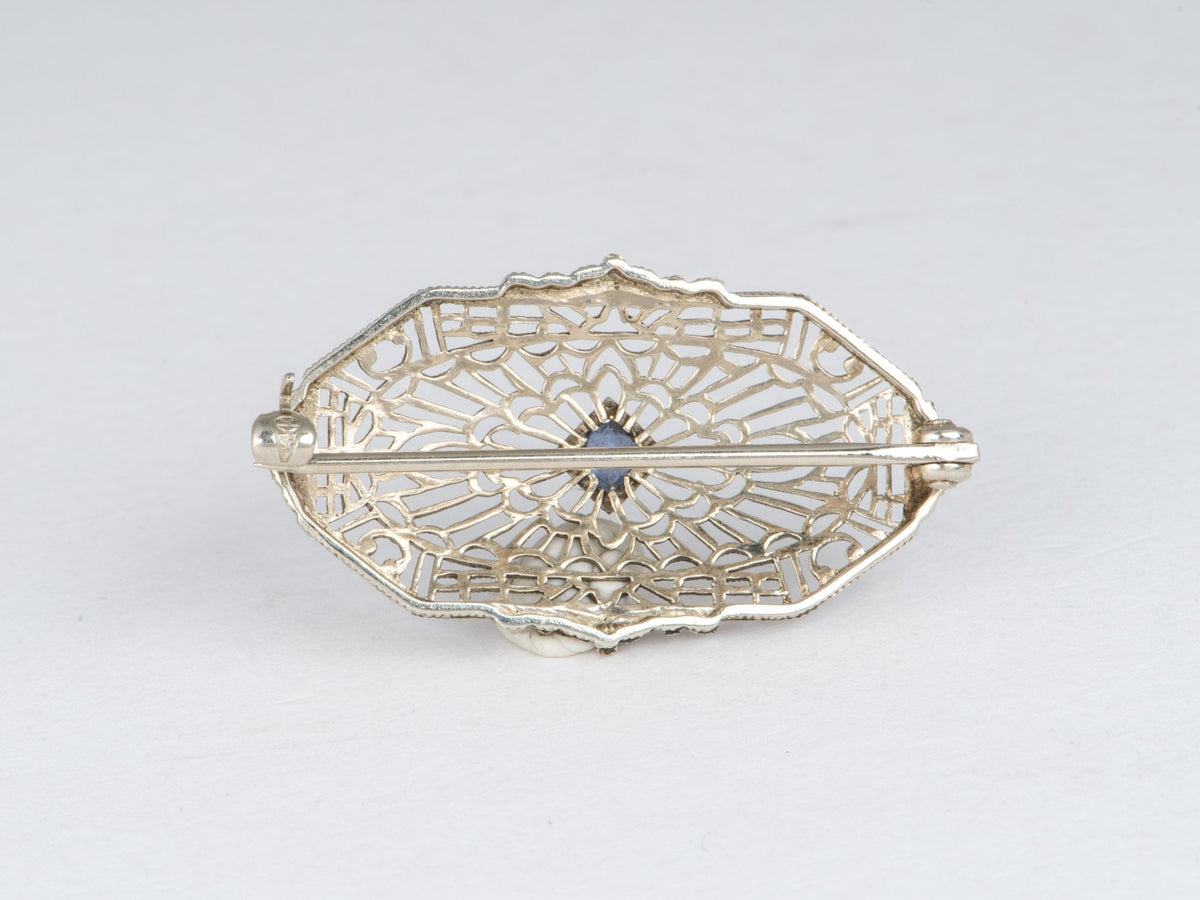 14K White Gold Vintage Art Deco Sapphire Pin Brooch Antique Filigree V1220