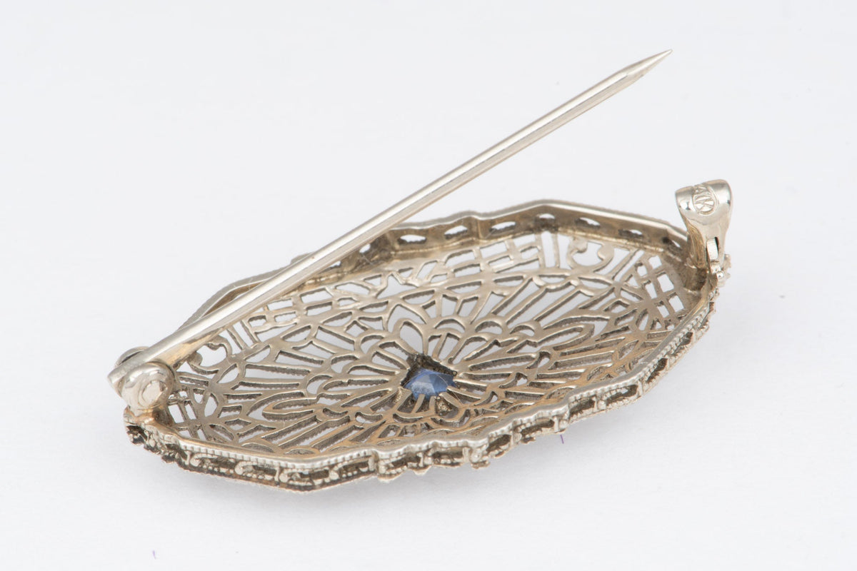 14K White Gold Vintage Art Deco Sapphire Pin Brooch Antique Filigree V1220
