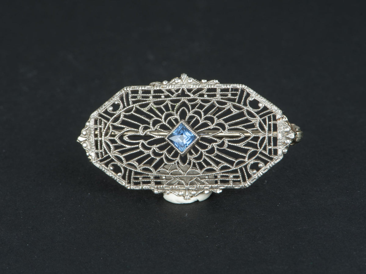 14K White Gold Vintage Art Deco Sapphire Pin Brooch Antique Filigree V1220